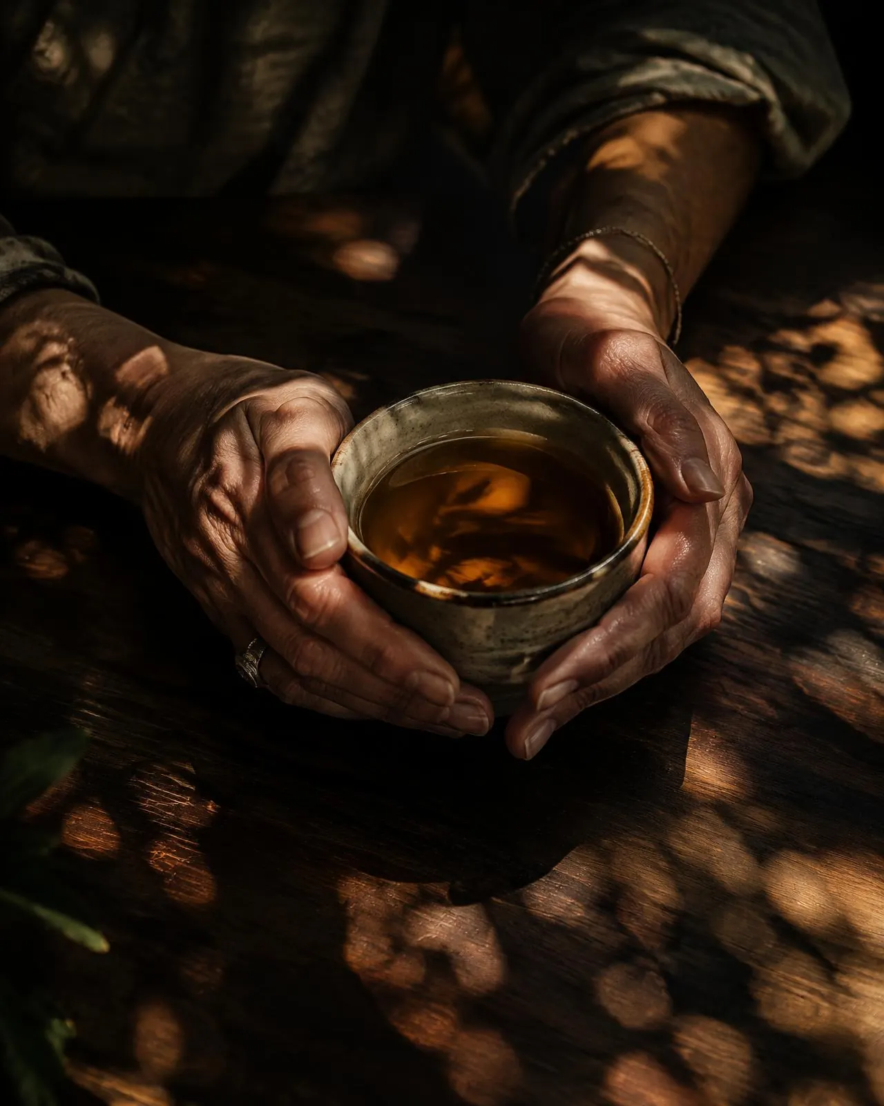 Hands holding a warm cup of tea in dappled light