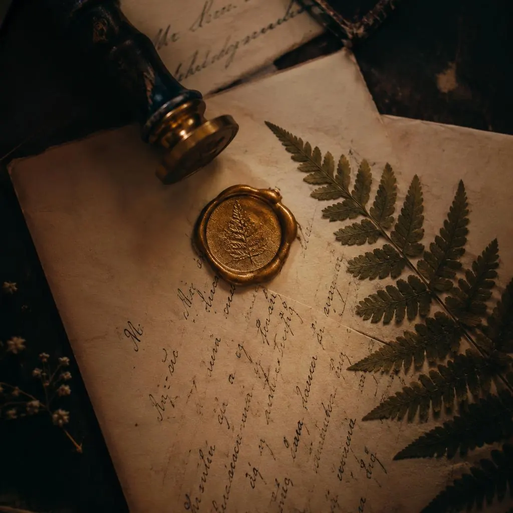 A gold wax seal pressed with a fern on a handwritten letter